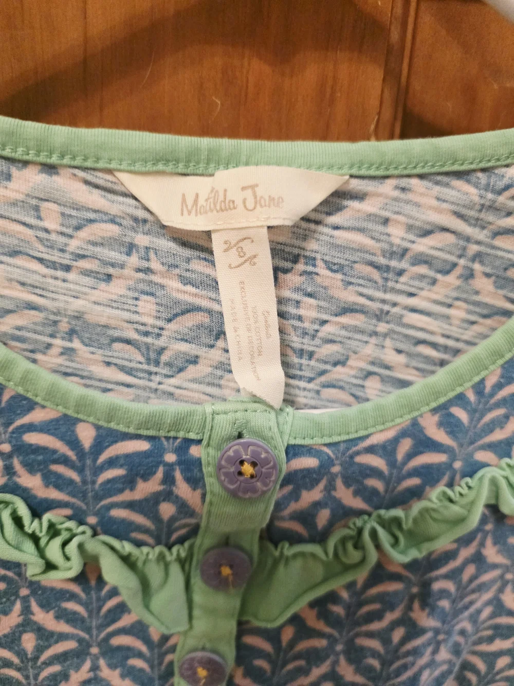 Matilda Jane Light Blue & Mint Long-Sleeve Ruffle Henley *Needs Minor Repair*